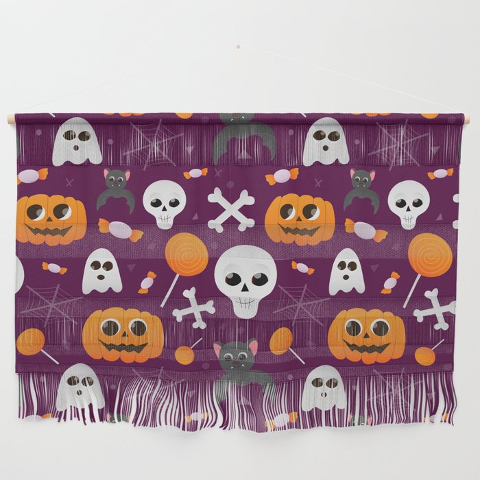 Halloween Cute Seamless Pattern with Pumpkins, Ghosts, Bats, Skulls and Sweets Wall Hanging