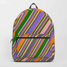 [ Thumbnail: Colorful Light Pink, Dim Grey, Purple, Dark Orange & Green Colored Stripes Pattern Backpack ]