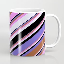 [ Thumbnail: Vibrant Violet, Lavender, Black, Slate Blue, and Sienna Colored Lines/Stripes Pattern Coffee Mug ]