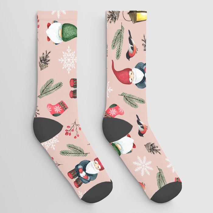 Seamless pattern with gnomes and Christmas elements. Watercolor hand drawn Socks
