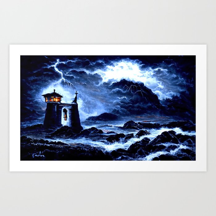 A lighthouse in the storm Art Print