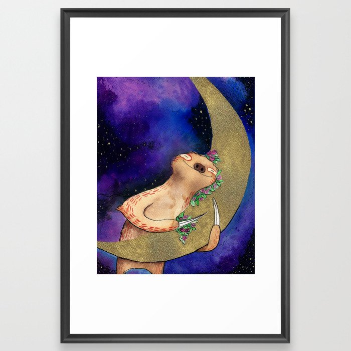 Sloth Hugs Moon Framed Art Print