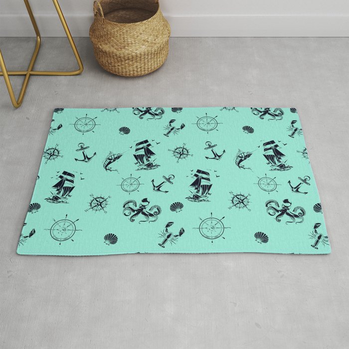 Mint Blue And Blue Silhouettes Of Vintage Nautical Pattern Rug