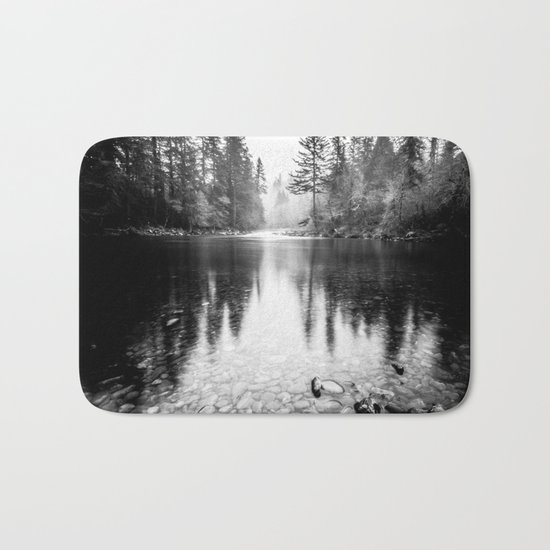 Forest Reflection Lake - Black and White Nature Water Reflection Bath Mat