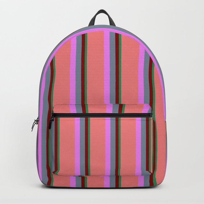 Vibrant Sea Green, Maroon, Light Slate Gray, Violet & Light Coral Colored Stripes Pattern Backpack