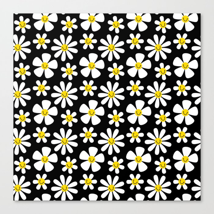 White daisy retro flower cartoon seamless pattern Canvas Print