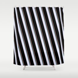 [ Thumbnail: Salmon, Dark Slate Gray, Lavender, and Black Colored Lined Pattern Shower Curtain ]