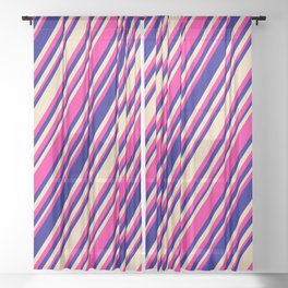 [ Thumbnail: Deep Pink, Blue, and Tan Colored Stripes/Lines Pattern Sheer Curtain ]