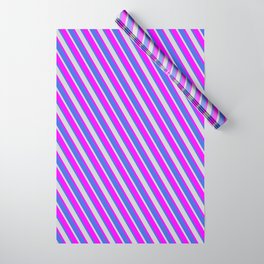 [ Thumbnail: Fuchsia, Royal Blue & Light Gray Colored Lined Pattern Wrapping Paper ]