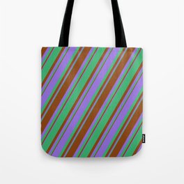[ Thumbnail: Purple, Sea Green & Brown Colored Lined/Striped Pattern Tote Bag ]