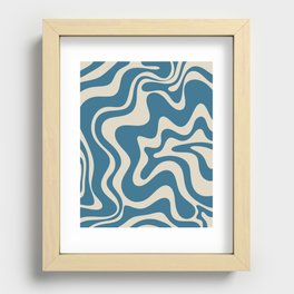 Retro Liquid Swirl Abstract Pattern in Beige and Boho Blue Recessed Framed Print