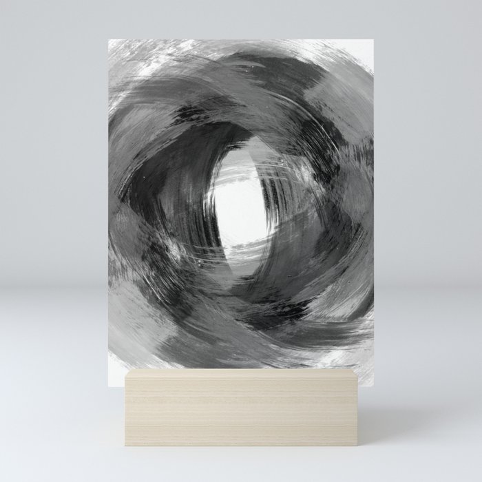 Black and Grey Modern Abstract Brushstroke Painting Vortex Mini Art Print