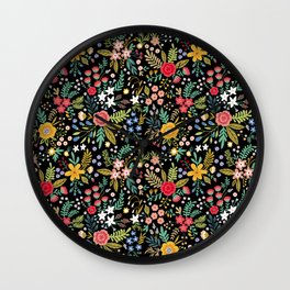 Amazing floral pattern with bright colorful flowers, plants, branches and berries on a black backgro Wall Clock