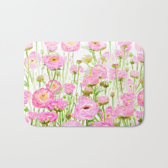 pink buttercup ranunculus field watercolor Bath Mat