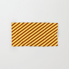 [ Thumbnail: Tan, Yellow, Dark Red, and Dark Goldenrod Colored Stripes Pattern Hand & Bath Towel ]