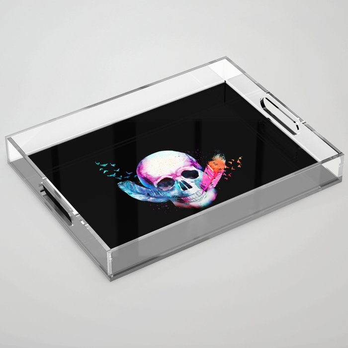 Colorful vibrant skull with feathers Acrylic Tray