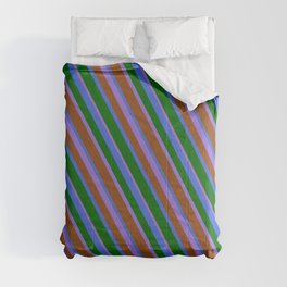 [ Thumbnail: Purple, Brown, Royal Blue & Dark Green Colored Stripes Pattern Comforter ]