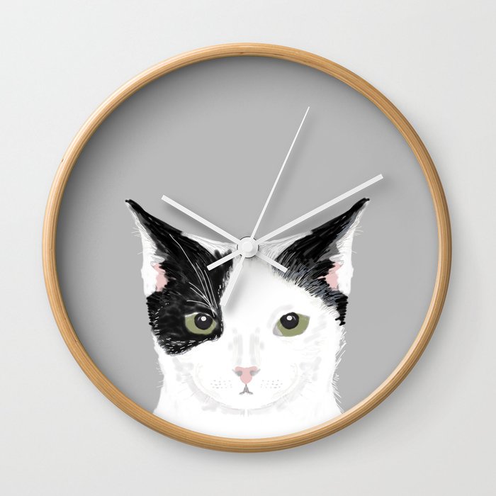 Manny - Black and white cute cat gift cat person cat lady funny cat meme pet portraits customizable  Wall Clock