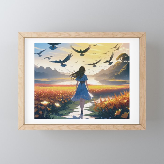 Anime Girl Walking - Sunset Landscape, Lake, Yellow Flowers Framed Mini Art Print