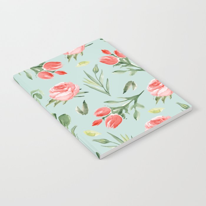 Watercolor Pink Roses on Pastel Mint Green Notebook