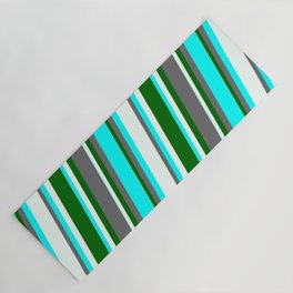 [ Thumbnail: Dim Grey, Cyan, Mint Cream & Dark Green Colored Stripes Pattern Yoga Mat ]
