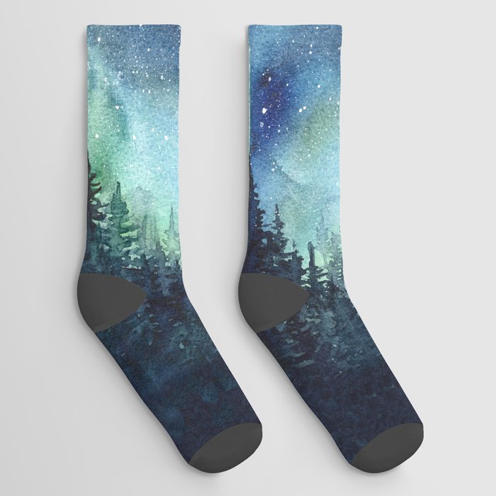 Galaxy Watercolor Aurora Borealis Painting Socks