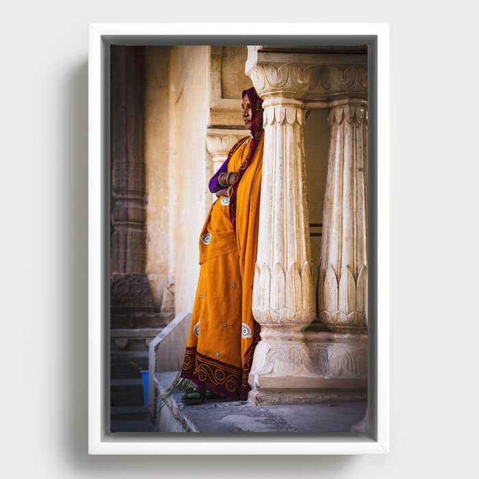 Sweeping lady - Rajastan - India Framed Canvas