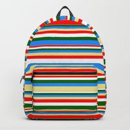[ Thumbnail: Colorful Blue, Tan, Red, White, and Dark Green Colored Striped/Lined Pattern Backpack ]
