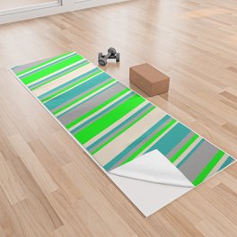 [ Thumbnail: Beige, Lime, Dark Gray, and Light Sea Green Colored Pattern of Stripes Yoga Towel ]
