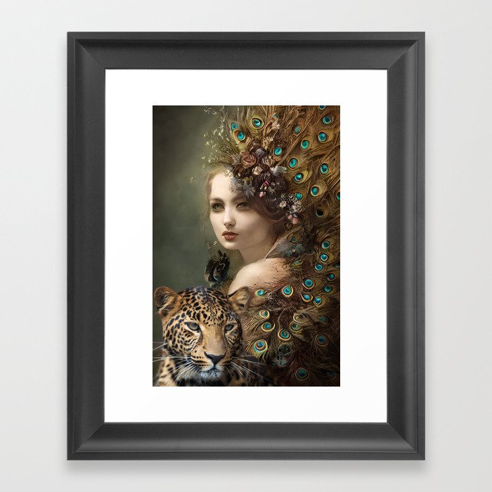 A woman with a leopard and peacock feathers Framed Art Print