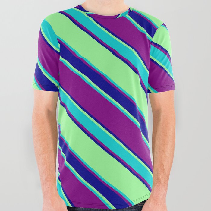 Green, Dark Turquoise, Purple, and Dark Blue Colored Striped Pattern All Over Graphic Tee