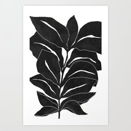 Black Vintage Minimalist Distressed Botanical Leaves Illustration Art Print