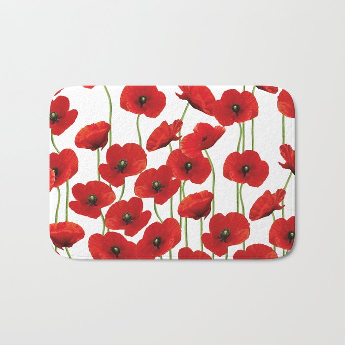 Poppies Flowers red field white background pattern Bath Mat