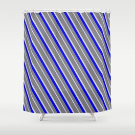 [ Thumbnail: Grey, Light Grey & Blue Colored Striped/Lined Pattern Shower Curtain ]