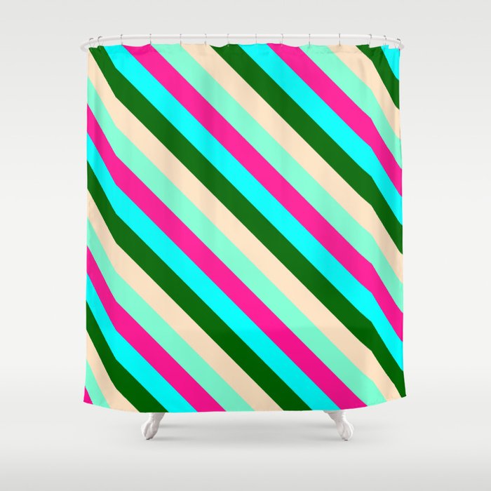 Colorful Deep Pink, Cyan, Dark Green, Bisque, and Aquamarine Colored Striped/Lined Pattern Shower Curtain
