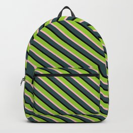 [ Thumbnail: Green, Pink, Dark Slate Gray, and Black Colored Lined Pattern Backpack ]