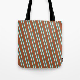 [ Thumbnail: Sienna, Cyan & Lavender Colored Lined Pattern Tote Bag ]