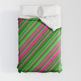 [ Thumbnail: Deep Pink, Green & Lime Green Colored Lines Pattern Comforter ]
