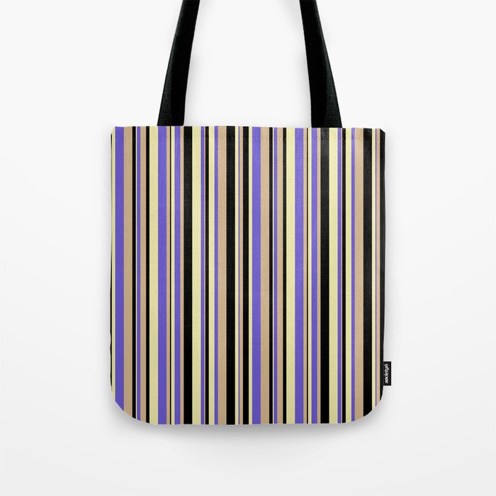 Slate Blue, Pale Goldenrod, Black & Tan Colored Striped/Lined Pattern Tote Bag