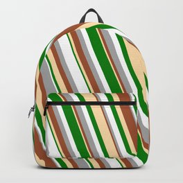 [ Thumbnail: Vibrant Dark Grey, Sienna, Tan, Green & White Colored Lined Pattern Backpack ]