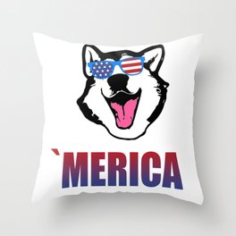 Funny 'merica B&W Husky in Sunglasses Dog With USA Flag Throw Pillow