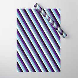 [ Thumbnail: Eyecatching Indigo, Slate Gray, Sky Blue, White & Black Colored Stripes Pattern Wrapping Paper ]