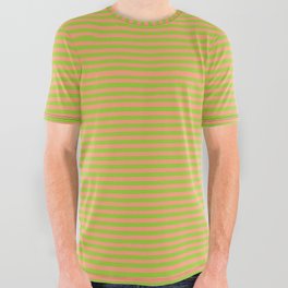 [ Thumbnail: Light Salmon and Green Colored Pattern of Stripes All Over Graphic Tee ]