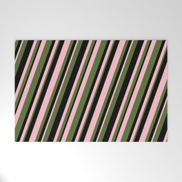 [ Thumbnail: Pink, Dark Olive Green & Black Colored Stripes Pattern Welcome Mat ]