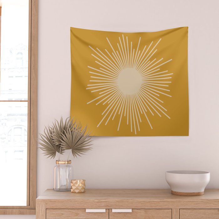 Mid Century Modern Sunburst Wall Tapestry - Mustard & Beige