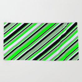 [ Thumbnail: Dark Sea Green, Lime, Lavender, and Black Colored Lines/Stripes Pattern Beach Towel ]