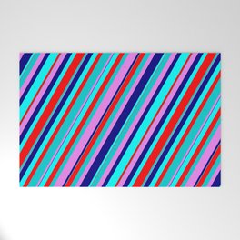 [ Thumbnail: Colorful Aqua, Red, Dark Turquoise, Violet, and Blue Colored Lined Pattern Welcome Mat ]
