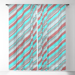 [ Thumbnail: Gray, Powder Blue, Red & Cyan Colored Stripes Pattern Sheer Curtain ]