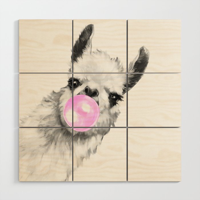 Bubble Gum Sneaky Llama Black and White Wood Wall Art