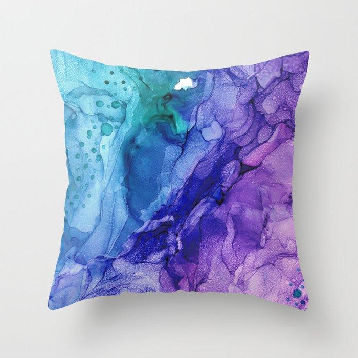 Teal Purple Abstract 521 Alcohol Ink Painting by Herzart Throw Pillow